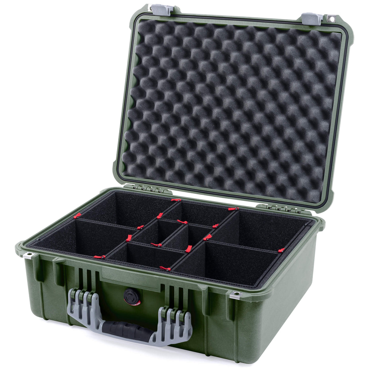 Pelican 1550 Case, OD Green with Silver Handle &amp; Latches TrekPak Divider System with Convolute Lid Foam ColorCase 015500-0020-130-180