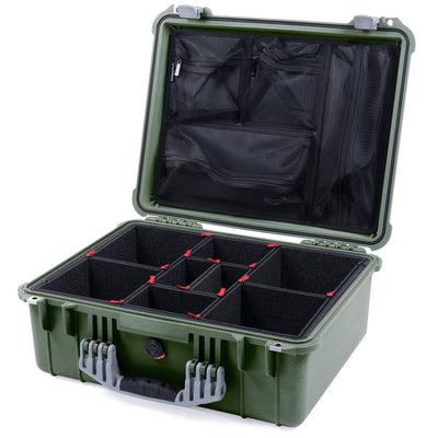 Pelican 1550 Case, OD Green with Silver Handle & Latches TrekPak Divider System with Mesh Lid Organizer ColorCase 015500-0120-130-180