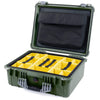 Pelican 1550 Case, OD Green with Silver Handle & Latches Yellow Padded Microfiber Dividers with Computer Pouch ColorCase 015500-0210-130-180
