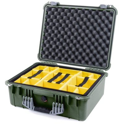 Pelican 1550 Case, OD Green with Silver Handle & Latches Yellow Padded Microfiber Dividers with Convolute Lid Foam ColorCase 015500-0010-130-180