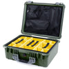 Pelican 1550 Case, OD Green with Silver Handle & Latches Yellow Padded Microfiber Dividers with Mesh Lid Organizer ColorCase 015500-0110-130-180