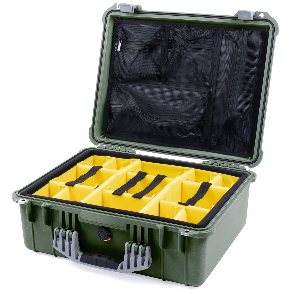 Pelican 1550 Case, OD Green with Silver Handle &amp; Latches Yellow Padded Microfiber Dividers with Mesh Lid Organizer ColorCase 015500-0110-130-180