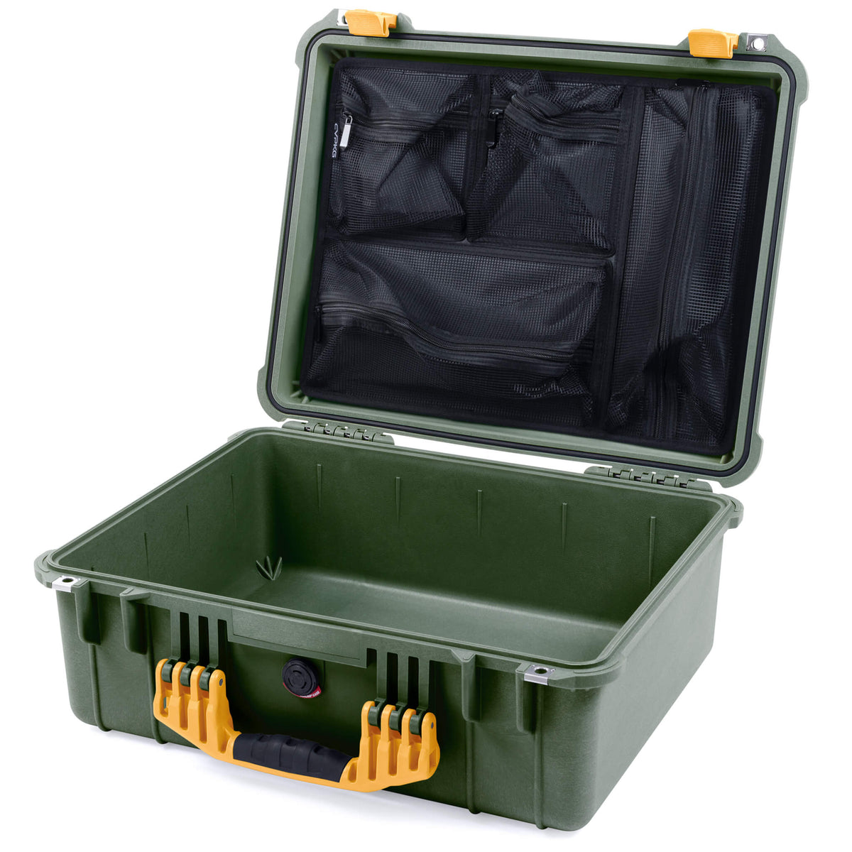Pelican 1550 Case, OD Green with Yellow Handle &amp; Latches Mesh Lid Organizer Only ColorCase 015500-0100-130-240