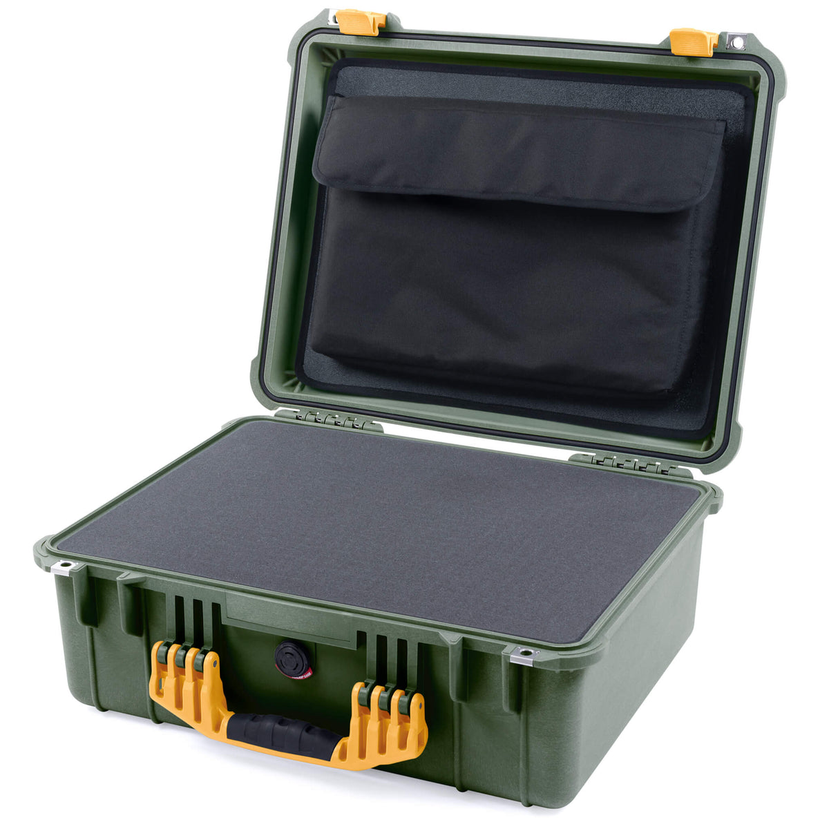 Pelican 1550 Case, OD Green with Yellow Handle &amp; Latches Pick &amp; Pluck Foam with Computer Pouch ColorCase 015500-0201-130-240