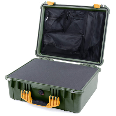 Pelican 1550 Case, OD Green with Yellow Handle & Latches Pick & Pluck Foam with Mesh Lid Organizer ColorCase 015500-0101-130-240