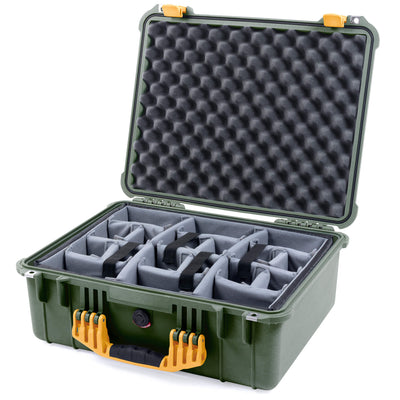 Pelican 1550 Case, OD Green with Yellow Handle & Latches Gray Padded Microfiber Dividers with Convolute Lid Foam ColorCase 015500-0070-130-240
