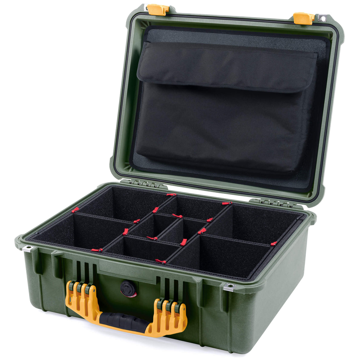 Pelican 1550 Case, OD Green with Yellow Handle &amp; Latches TrekPak Divider System with Computer Pouch ColorCase 015500-0220-130-240