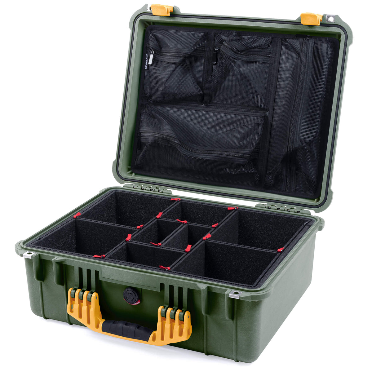 Pelican 1550 Case, OD Green with Yellow Handle &amp; Latches TrekPak Divider System with Mesh Lid Organizer ColorCase 015500-0120-130-240