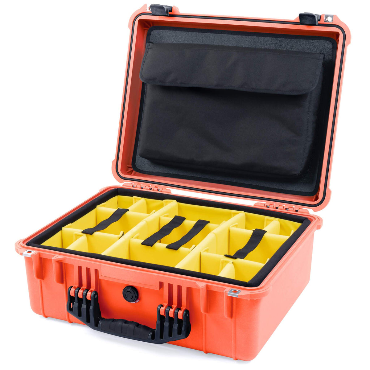 Pelican 1550 Case, Orange with Black Handle &amp; Latches Yellow Padded Microfiber Dividers with Computer Pouch ColorCase 015500-0210-150-110