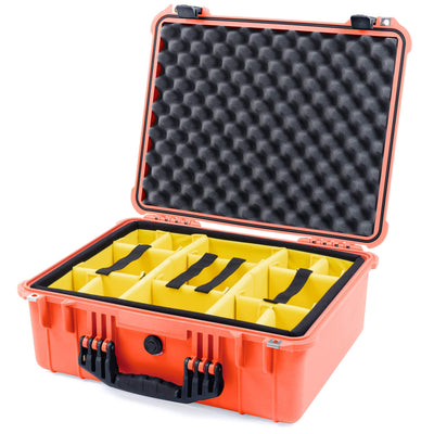 Pelican 1550 Case, Orange with Black Handle & Latches Yellow Padded Microfiber Dividers with Convolute Lid Foam ColorCase 015500-0010-150-110