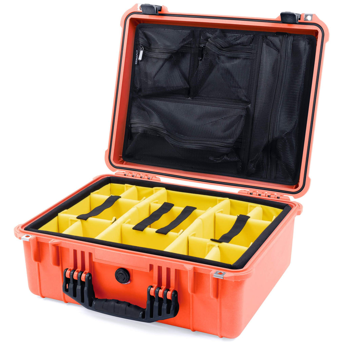 Pelican 1550 Case, Orange with Black Handle &amp; Latches Yellow Padded Microfiber Dividers with Mesh Lid Organizer ColorCase 015500-0110-150-110