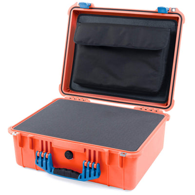Pelican 1550 Case, Orange with Blue Handle & Latches Pick & Pluck Foam with Computer Pouch ColorCase 015500-0201-150-120