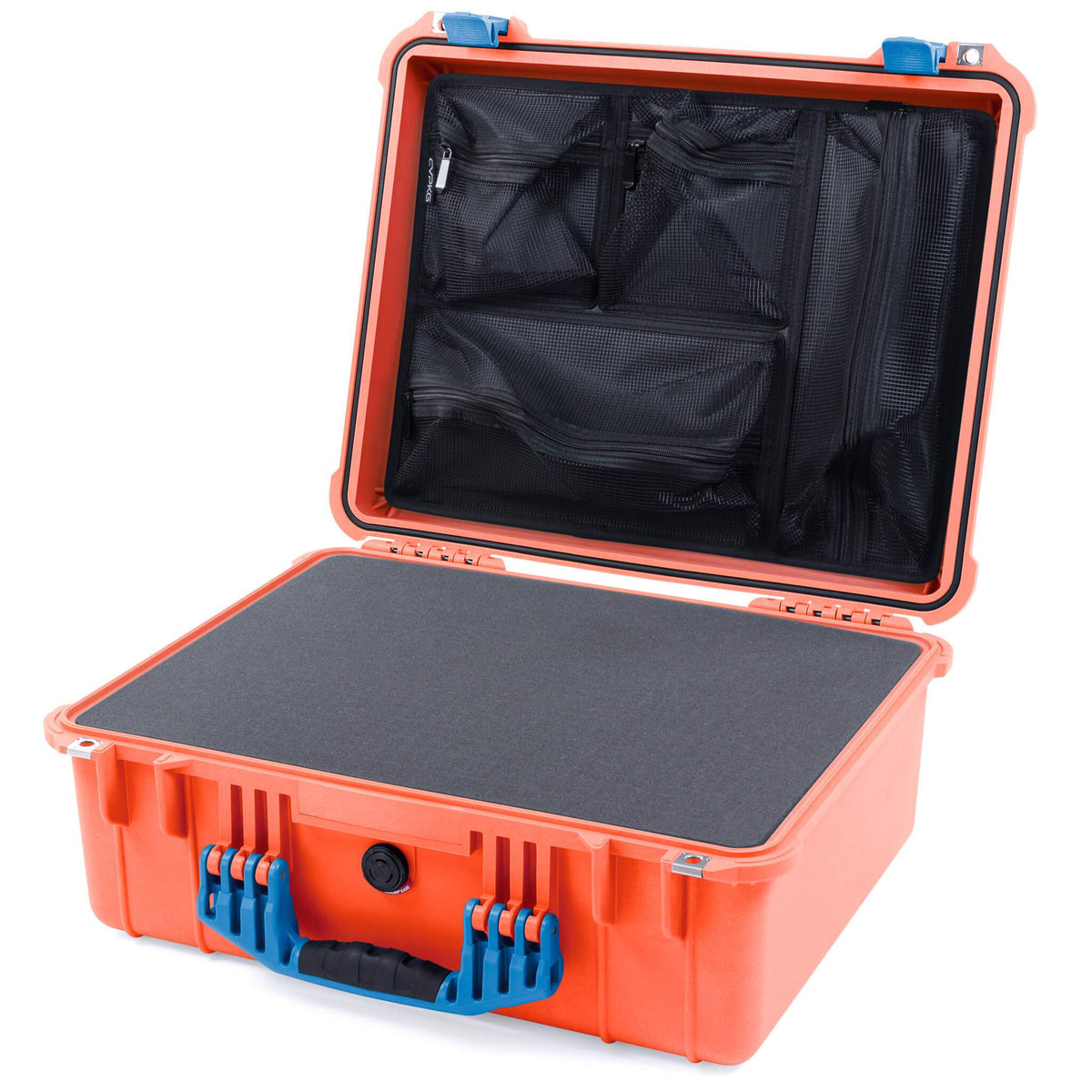 Pelican 1550 Case, Orange with Blue Handle &amp; Latches Pick &amp; Pluck Foam with Mesh Lid Organizer ColorCase 015500-0101-150-120