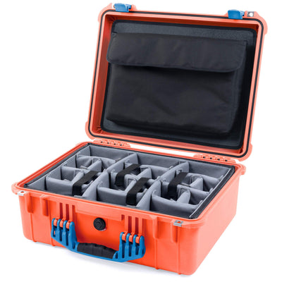 Pelican 1550 Case, Orange with Blue Handle & Latches Gray Padded Microfiber Dividers with Computer Pouch ColorCase 015500-0270-150-120