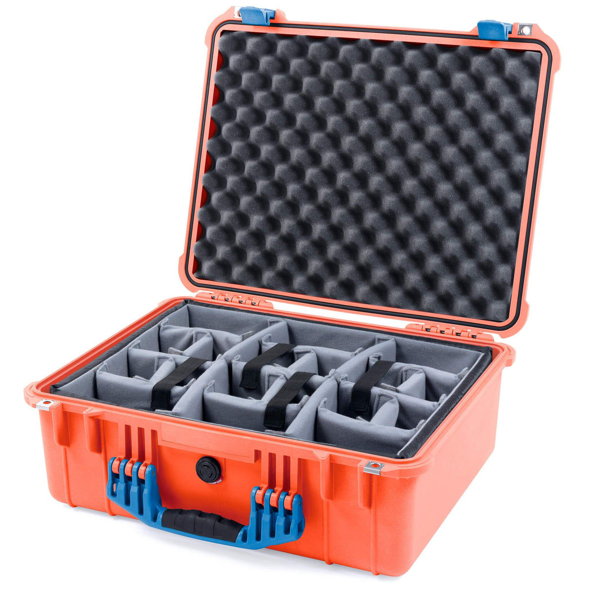Pelican 1550 Case, Orange with Blue Handle &amp; Latches Gray Padded Microfiber Dividers with Convolute Lid Foam ColorCase 015500-0070-150-120