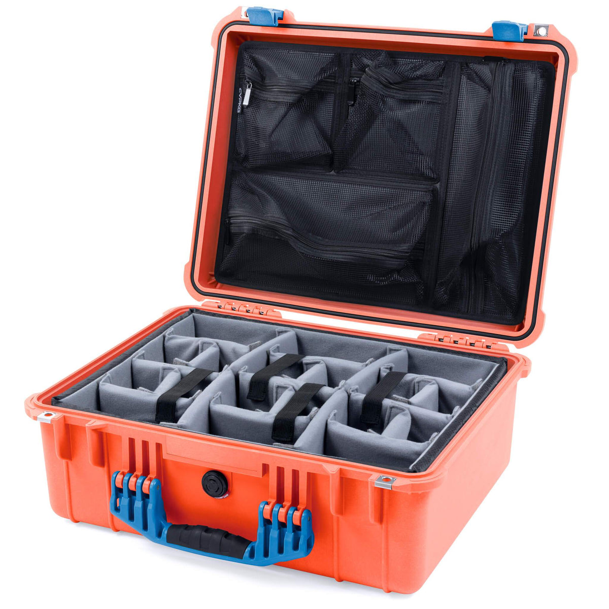 Pelican 1550 Case, Orange with Blue Handle &amp; Latches Gray Padded Microfiber Dividers with Mesh Lid Organizer ColorCase 015500-0170-150-120