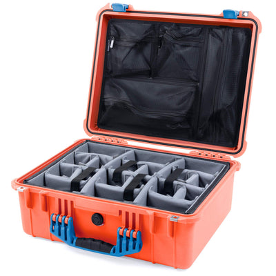 Pelican 1550 Case, Orange with Blue Handle & Latches Gray Padded Microfiber Dividers with Mesh Lid Organizer ColorCase 015500-0170-150-120