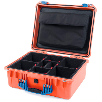 Pelican 1550 Case, Orange with Blue Handle & Latches TrekPak Divider System with Computer Pouch ColorCase 015500-0220-150-120