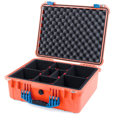 Pelican 1550 Case, Orange with Blue Handle & Latches TrekPak Divider System with Convolute Lid Foam ColorCase 015500-0020-150-120