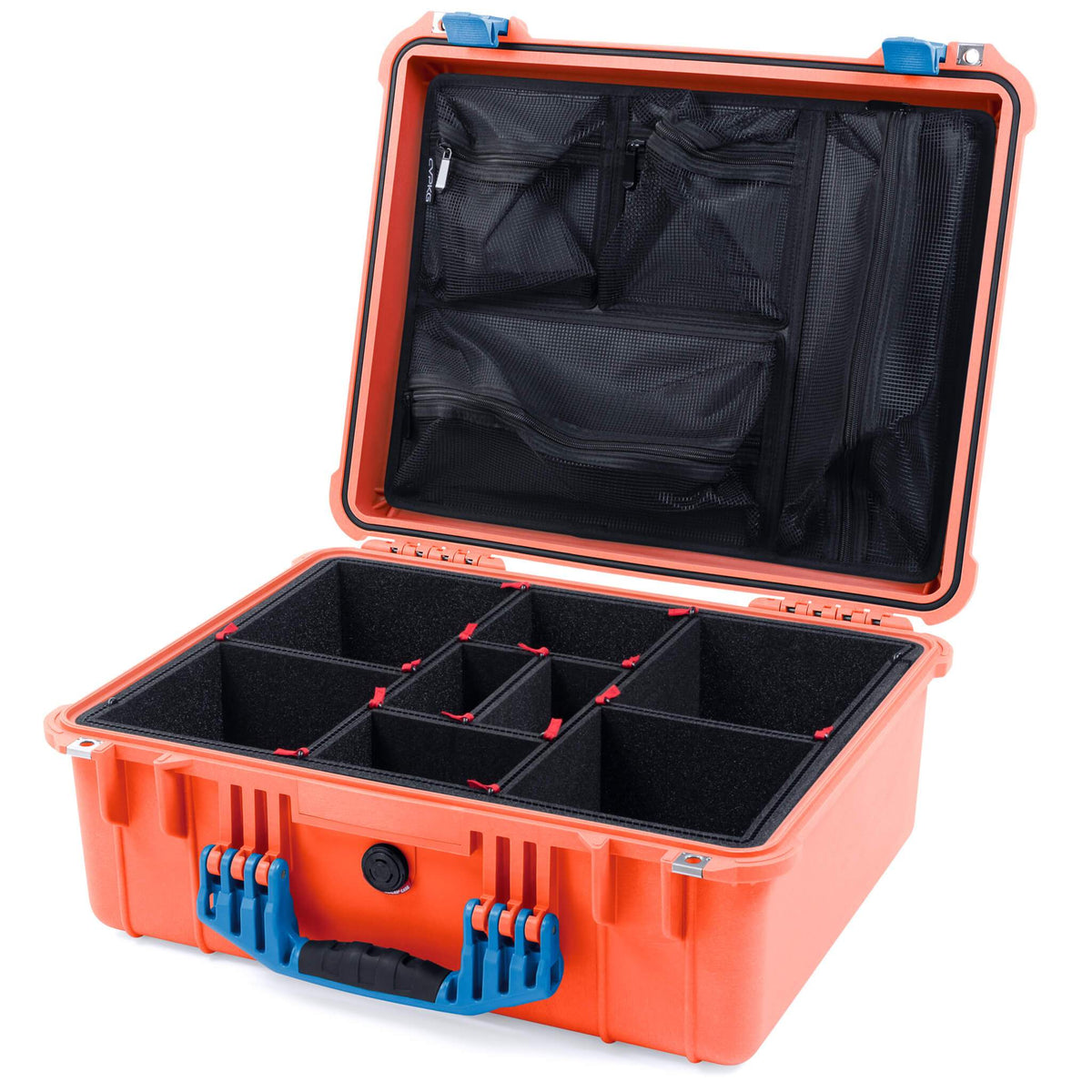 Pelican 1550 Case, Orange with Blue Handle &amp; Latches TrekPak Divider System with Mesh Lid Organizer ColorCase 015500-0120-150-120