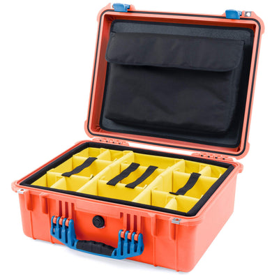 Pelican 1550 Case, Orange with Blue Handle & Latches Yellow Padded Microfiber Dividers with Computer Pouch ColorCase 015500-0210-150-120