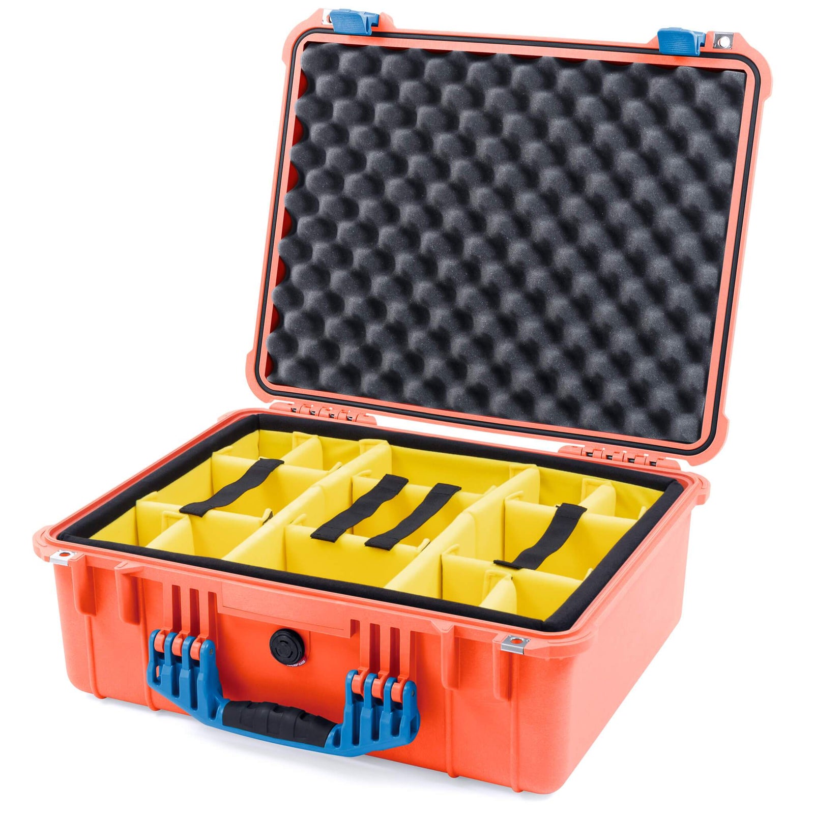 Pelican 1550 Case, Orange with Blue Handle & Latches Yellow Padded Microfiber Dividers with Convolute Lid Foam ColorCase 015500-0010-150-120