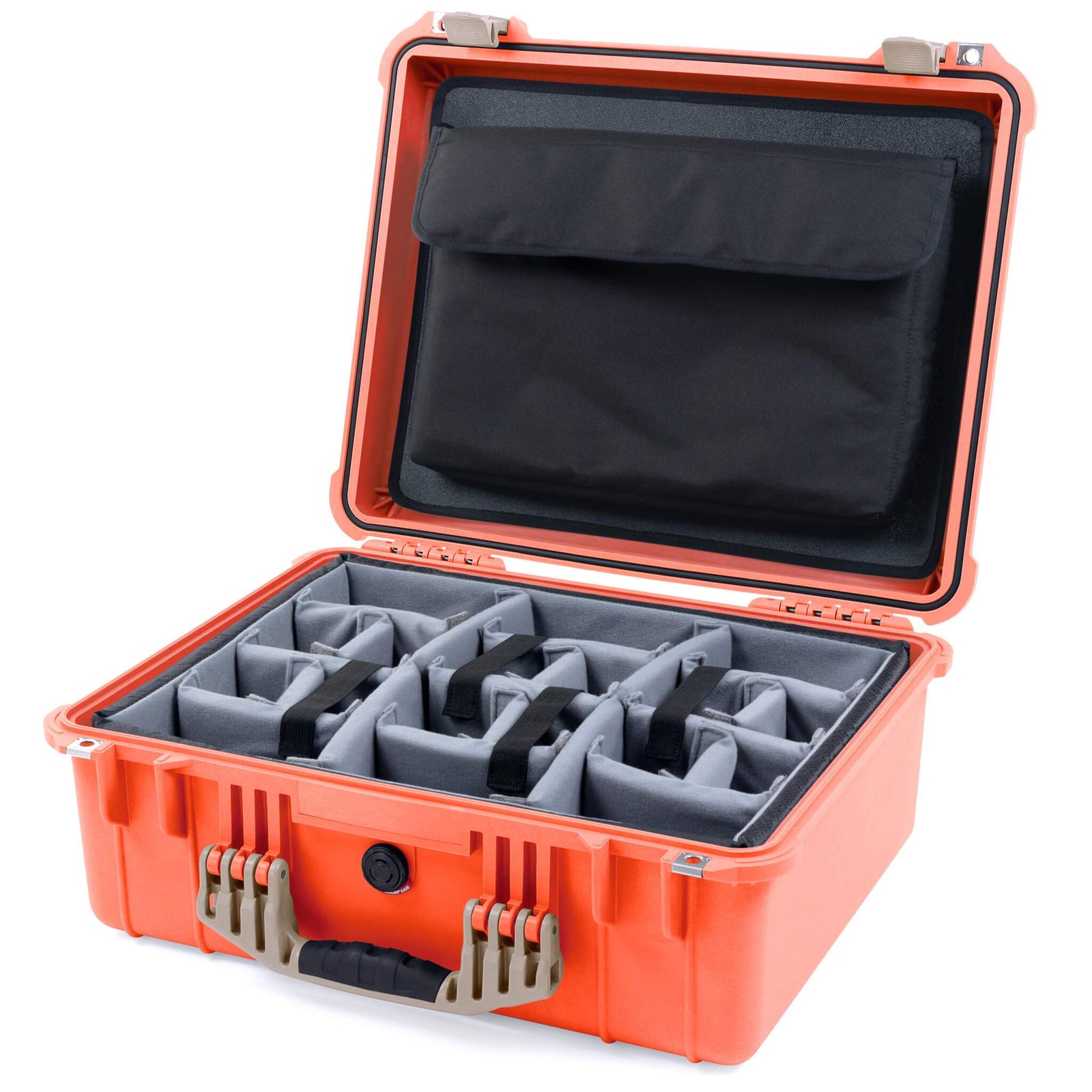 Pelican 1550 Case, Orange with Desert Tan Handle & Latches Gray Padded Microfiber Dividers with Computer Pouch ColorCase 015500-0270-150-310