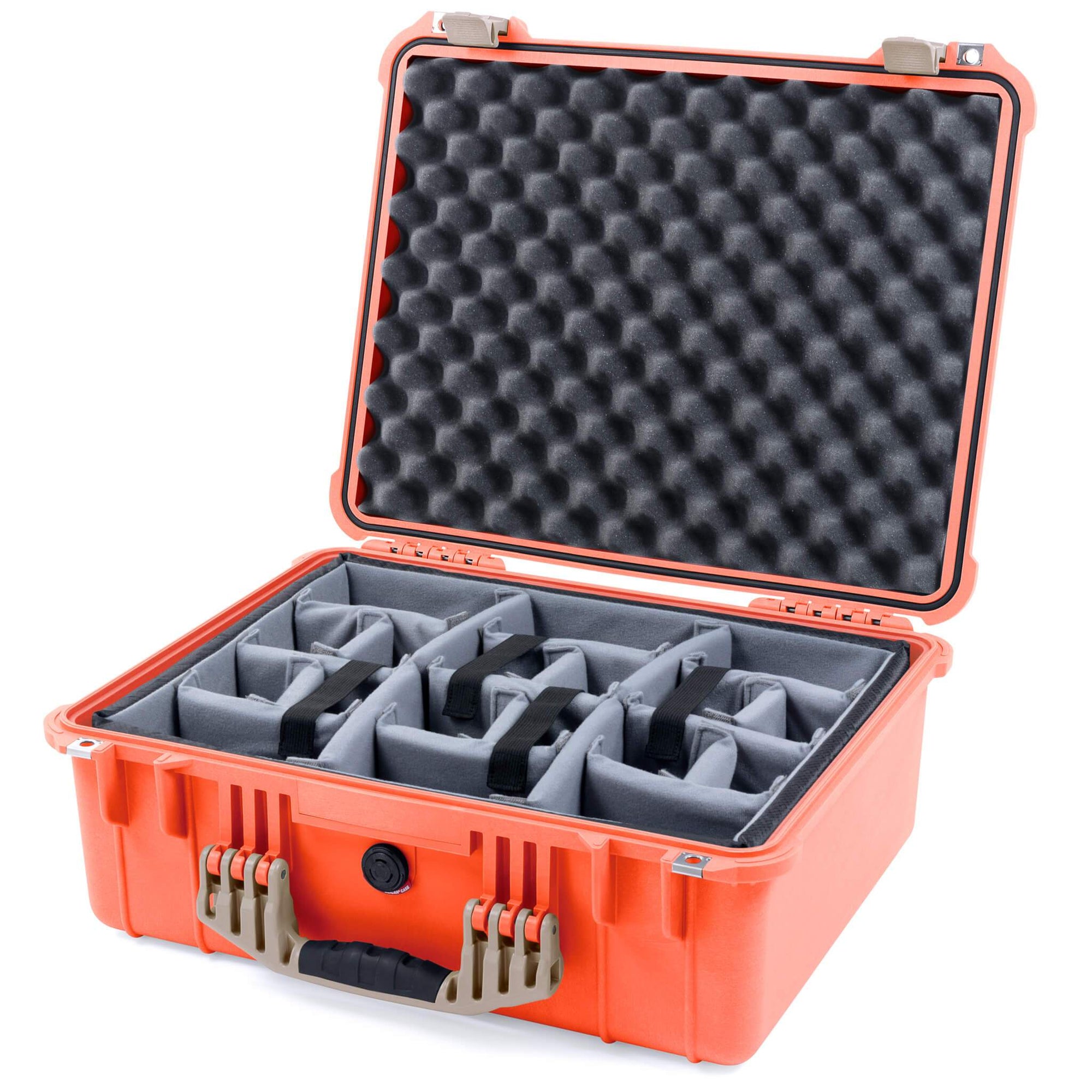 Pelican 1550 Case, Orange with Desert Tan Handle & Latches Gray Padded Microfiber Dividers with Convolute Lid Foam ColorCase 015500-0070-150-310