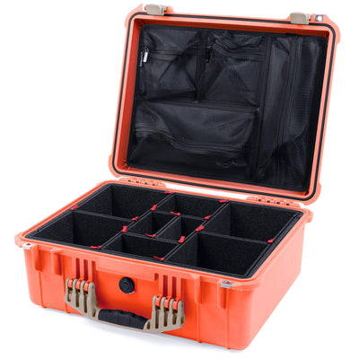 Pelican 1550 Case, Orange with Desert Tan Handle & Latches TrekPak Divider System with Mesh Lid Organizer ColorCase 015500-0120-150-310