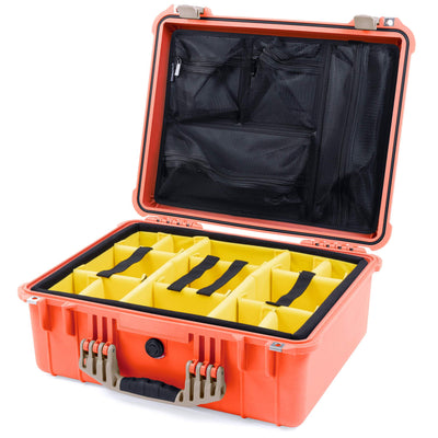 Pelican 1550 Case, Orange with Desert Tan Handle & Latches Yellow Padded Microfiber Dividers with Mesh Lid Organizer ColorCase 015500-0110-150-310