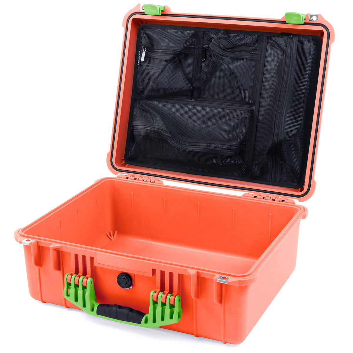 Pelican 1550 Case, Orange with Lime Green Handle &amp; Latches Mesh Lid Organizer Only ColorCase 015500-0100-150-300