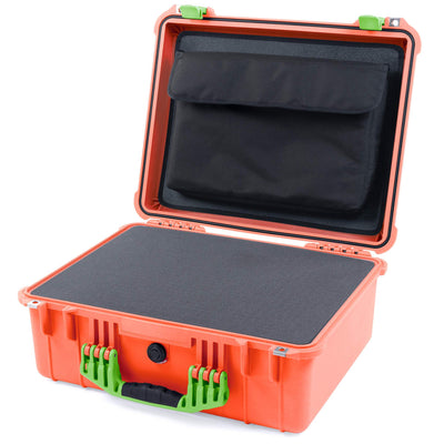Pelican 1550 Case, Orange with Lime Green Handle & Latches Pick & Pluck Foam with Computer Pouch ColorCase 015500-0201-150-300