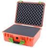 Pelican 1550 Case, Orange with Lime Green Handle & Latches Pick & Pluck Foam with Convolute Lid Foam ColorCase 015500-0001-150-300