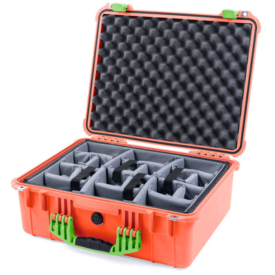 Pelican 1550 Case, Orange with Lime Green Handle & Latches Gray Padded Microfiber Dividers with Convolute Lid Foam ColorCase 015500-0070-150-300