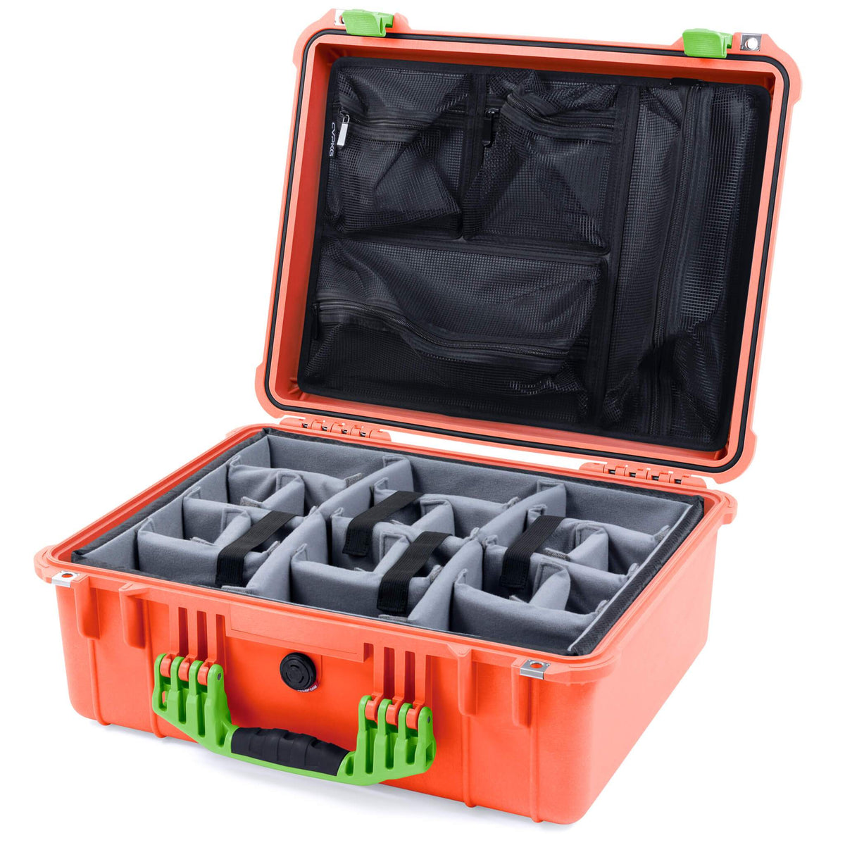 Pelican 1550 Case, Orange with Lime Green Handle &amp; Latches Gray Padded Microfiber Dividers with Mesh Lid Organizer ColorCase 015500-0170-150-300