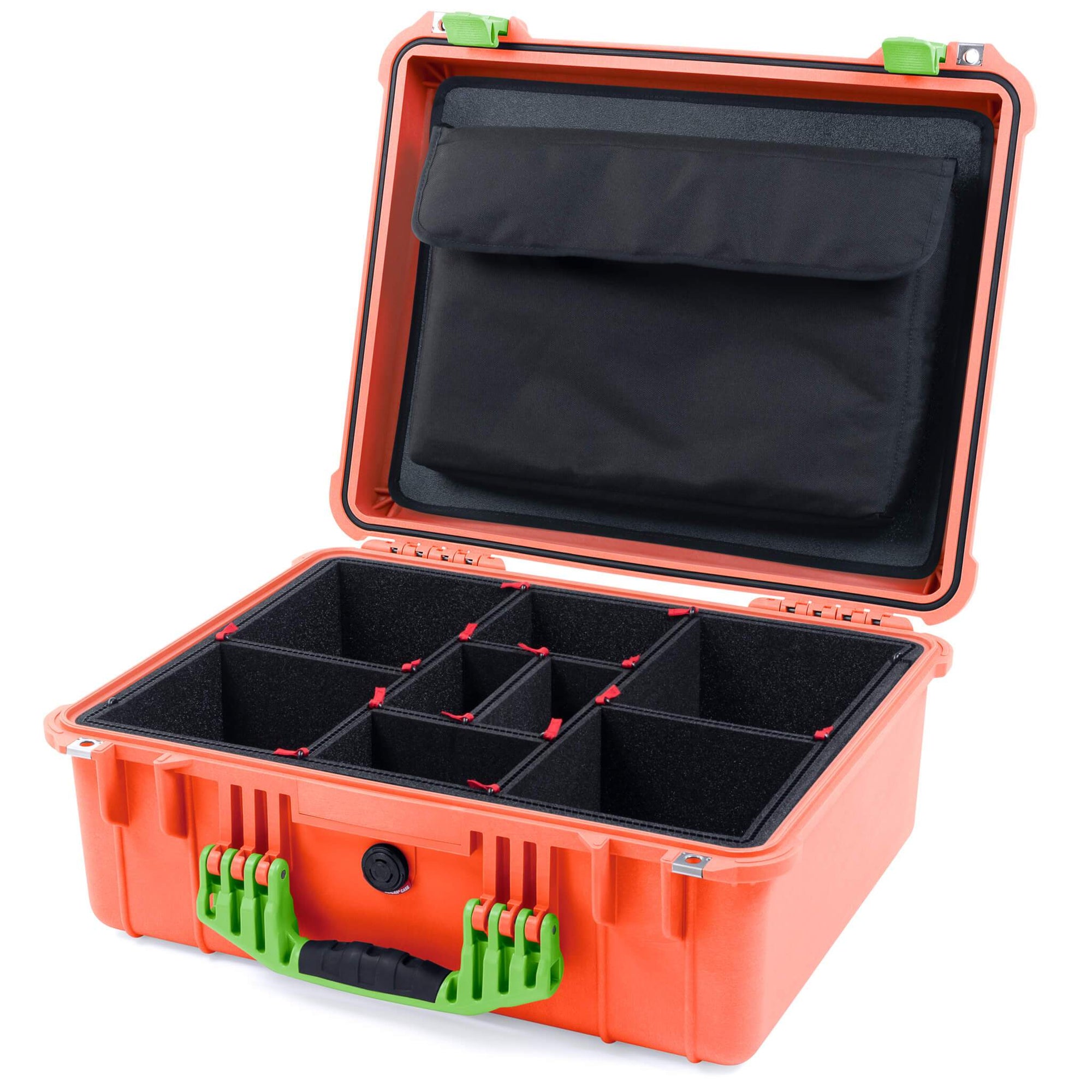 Pelican 1550 Case, Orange with Lime Green Handle & Latches TrekPak Divider System with Computer Pouch ColorCase 015500-0220-150-300