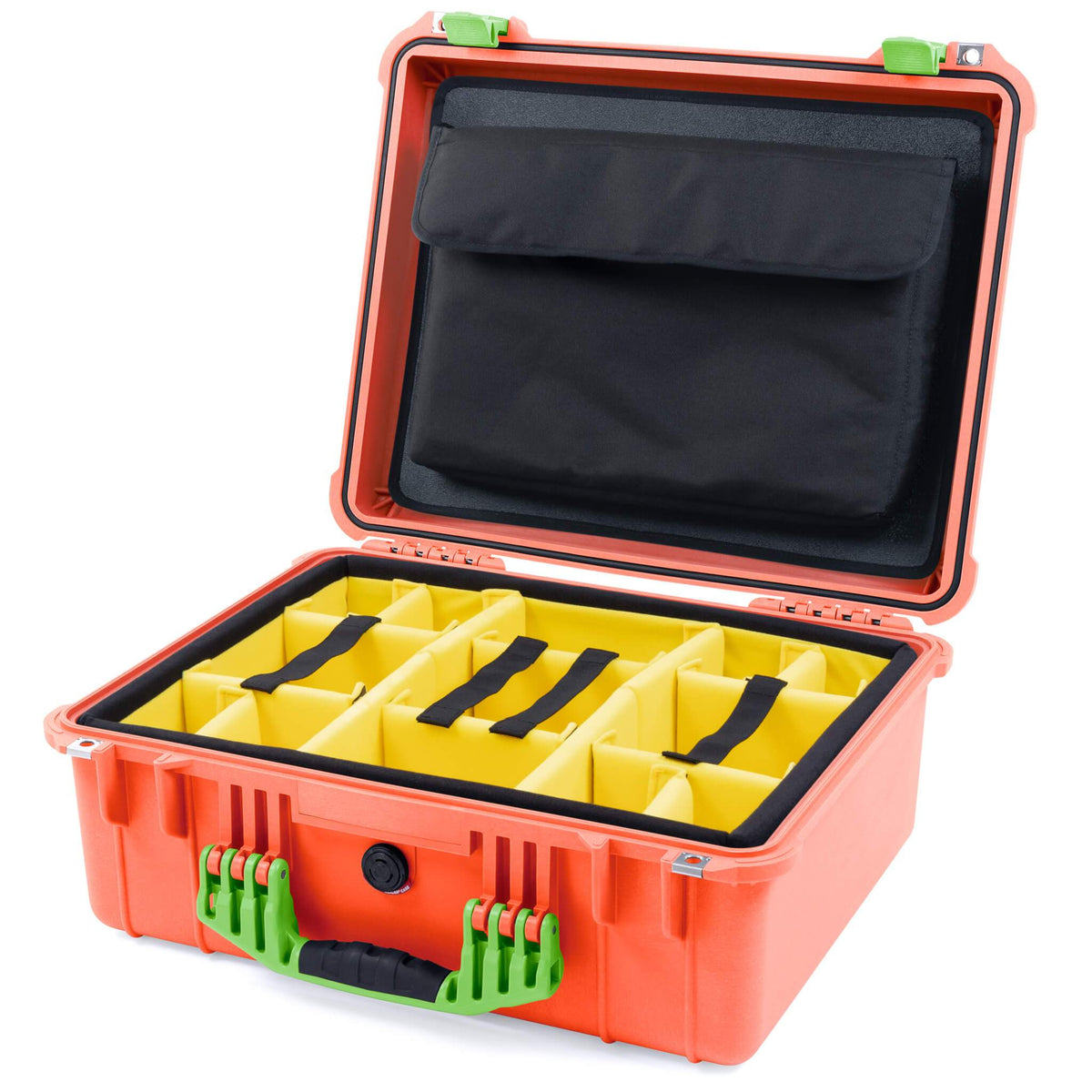 Pelican 1550 Case, Orange with Lime Green Handle &amp; Latches Yellow Padded Microfiber Dividers with Computer Pouch ColorCase 015500-0210-150-300