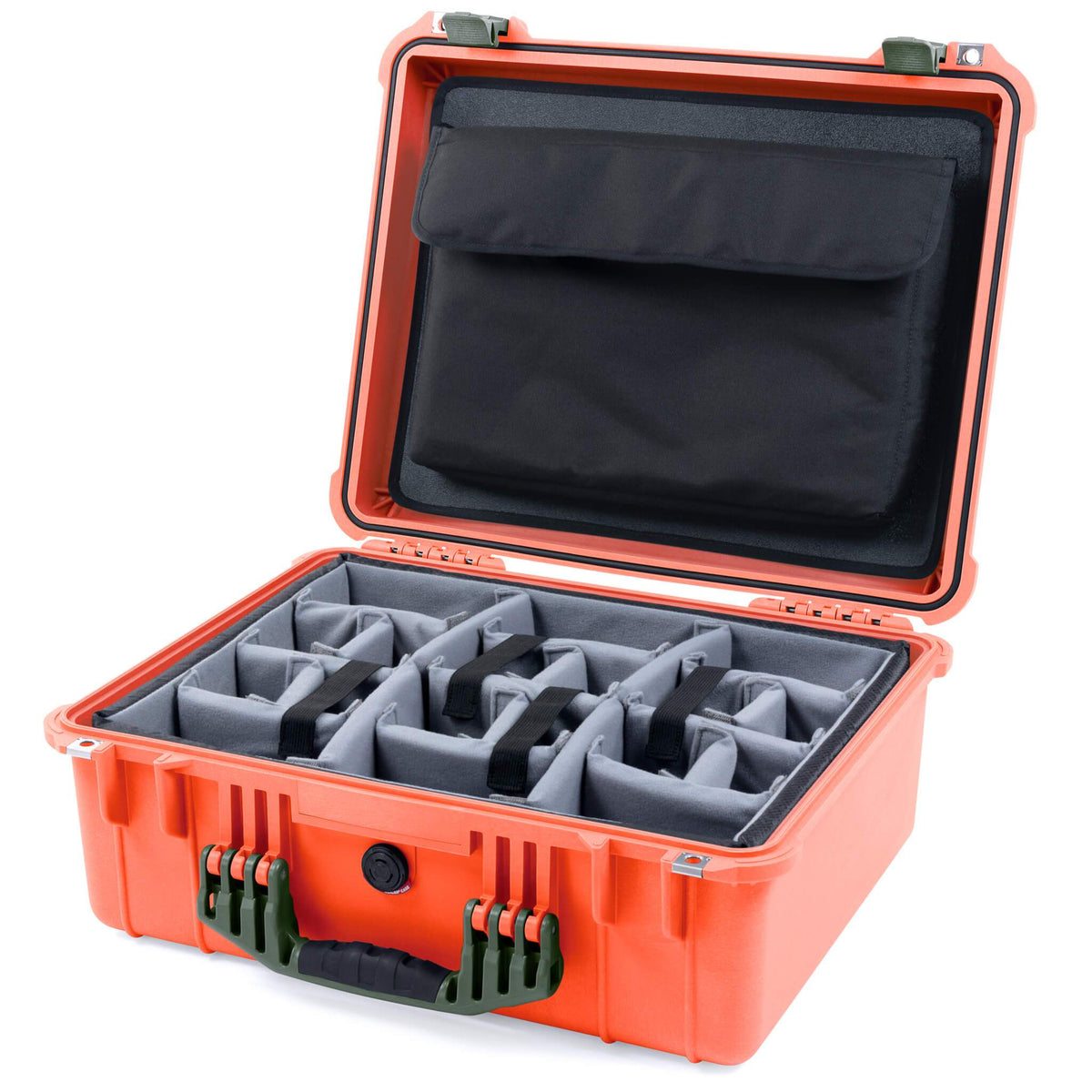 Pelican 1550 Case, Orange with OD Green Handle &amp; Latches Gray Padded Microfiber Dividers with Computer Pouch ColorCase 015500-0270-150-130