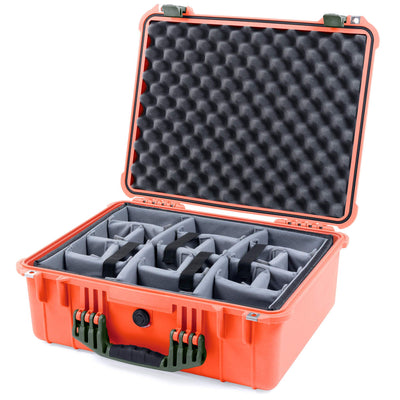 Pelican 1550 Case, Orange with OD Green Handle & Latches Gray Padded Microfiber Dividers with Convolute Lid Foam ColorCase 015500-0070-150-130