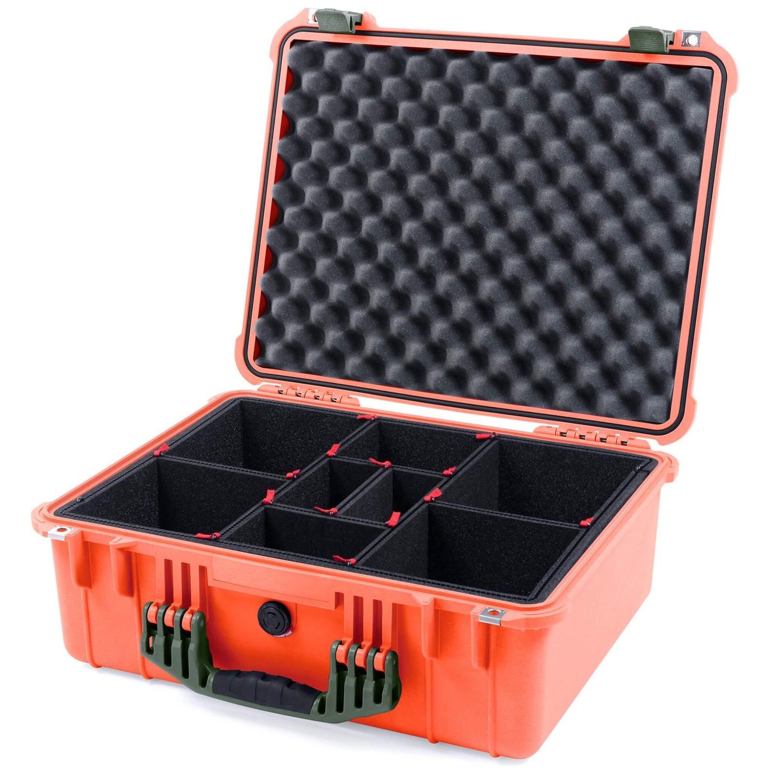 Pelican 1550 Case, Orange with OD Green Handle & Latches TrekPak Divider System with Convolute Lid Foam ColorCase 015500-0020-150-130