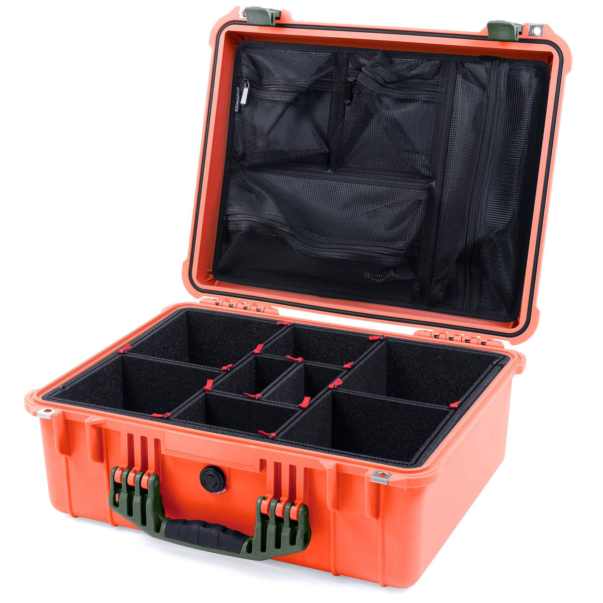 Pelican 1550 Case, Orange with OD Green Handle &amp; Latches TrekPak Divider System with Mesh Lid Organizer ColorCase 015500-0120-150-130