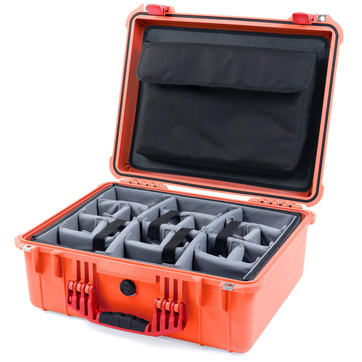 Pelican 1550 Case, Orange with Red Handle &amp; Latches Gray Padded Microfiber Dividers with Computer Pouch ColorCase 015500-0270-150-320