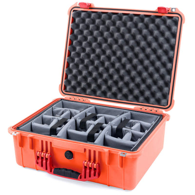 Pelican 1550 Case, Orange with Red Handle & Latches Gray Padded Microfiber Dividers with Convolute Lid Foam ColorCase 015500-0070-150-320