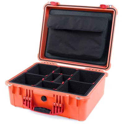 Pelican 1550 Case, Orange with Red Handle & Latches TrekPak Divider System with Computer Pouch ColorCase 015500-0220-150-320