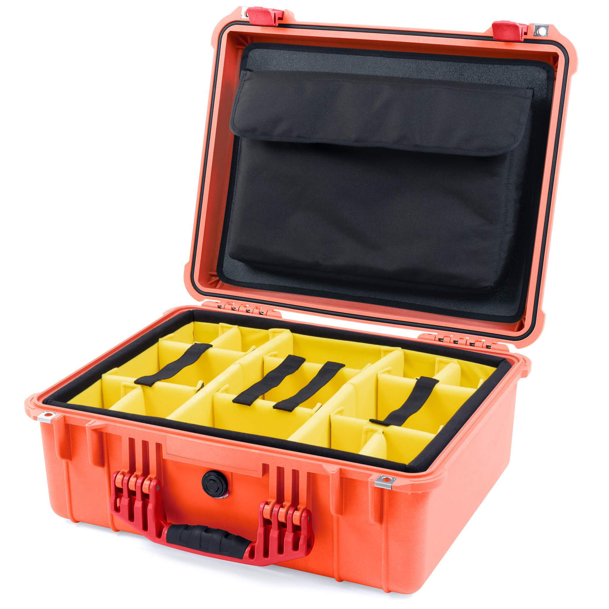 Pelican 1550 Case, Orange with Red Handle &amp; Latches Yellow Padded Microfiber Dividers with Computer Pouch ColorCase 015500-0210-150-320