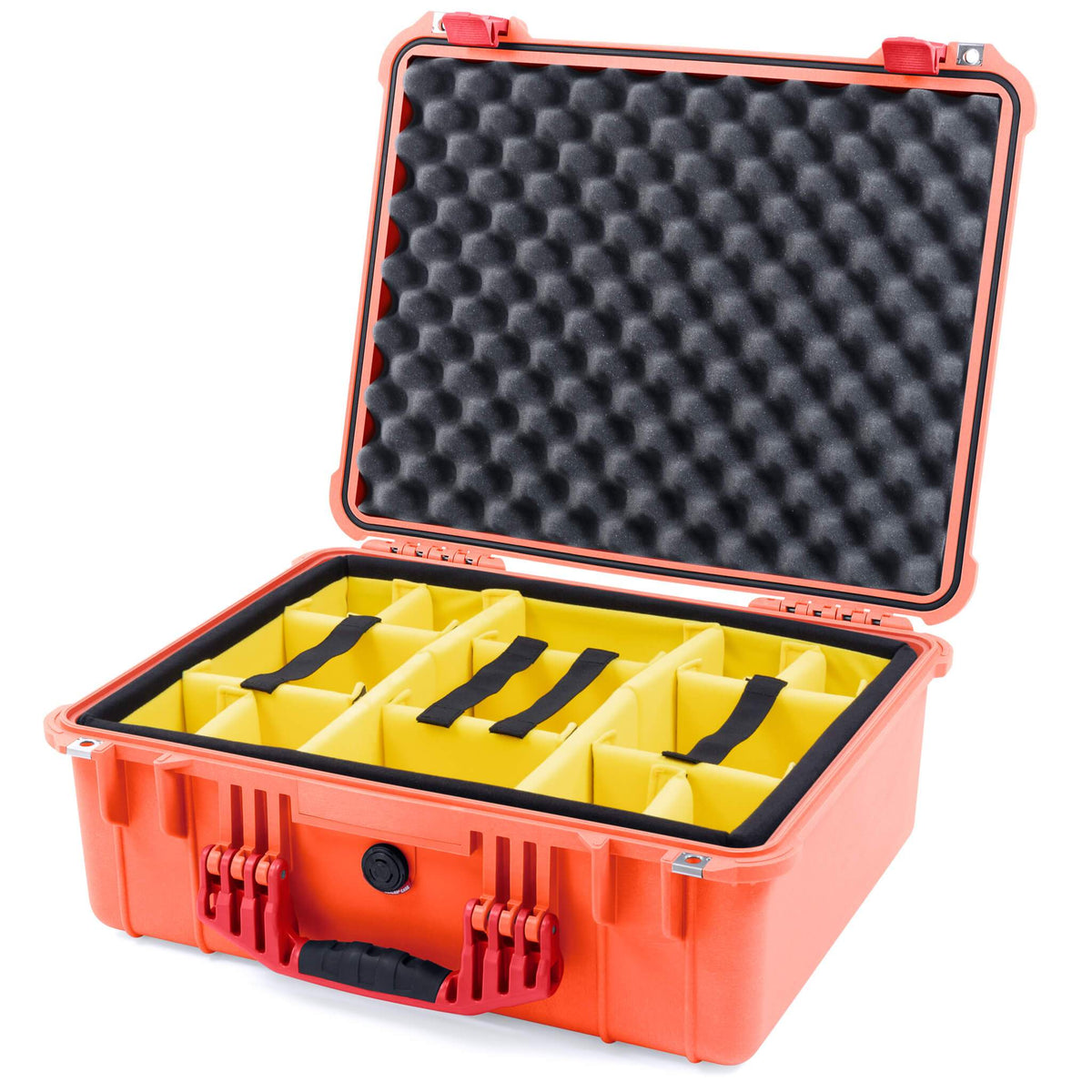 Pelican 1550 Case, Orange with Red Handle &amp; Latches Yellow Padded Microfiber Dividers with Convolute Lid Foam ColorCase 015500-0010-150-320