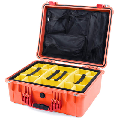 Pelican 1550 Case, Orange with Red Handle & Latches Yellow Padded Microfiber Dividers with Mesh Lid Organizer ColorCase 015500-0110-150-320