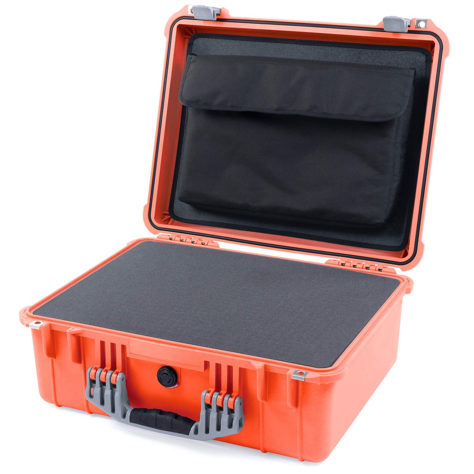 Pelican 1550 Case, Orange with Silver Handle & Latches Pick & Pluck Foam with Computer Pouch ColorCase 015500-0201-150-180
