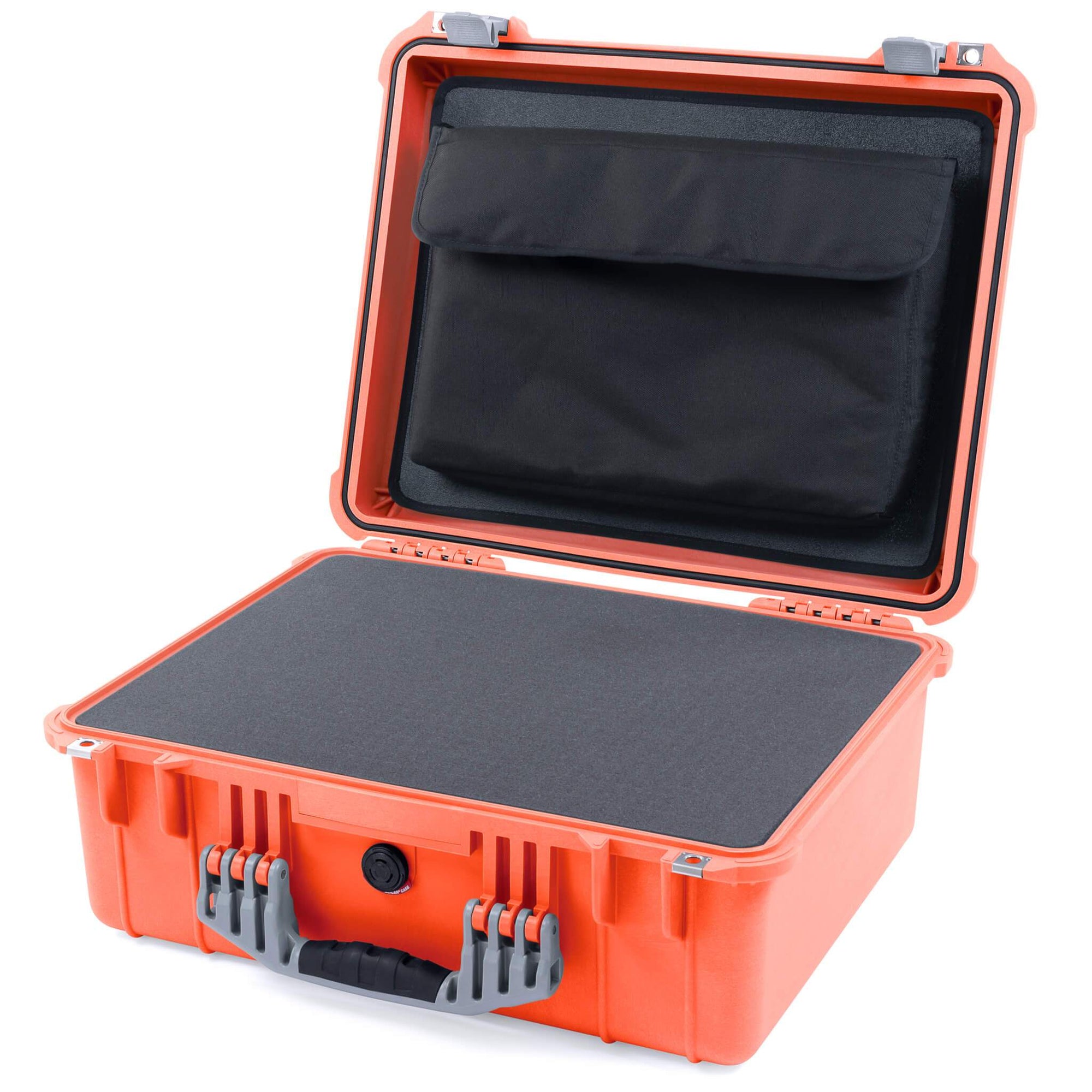 Pelican 1550 Case, Orange with Silver Handle & Latches Pick & Pluck Foam with Computer Pouch ColorCase 015500-0201-150-180