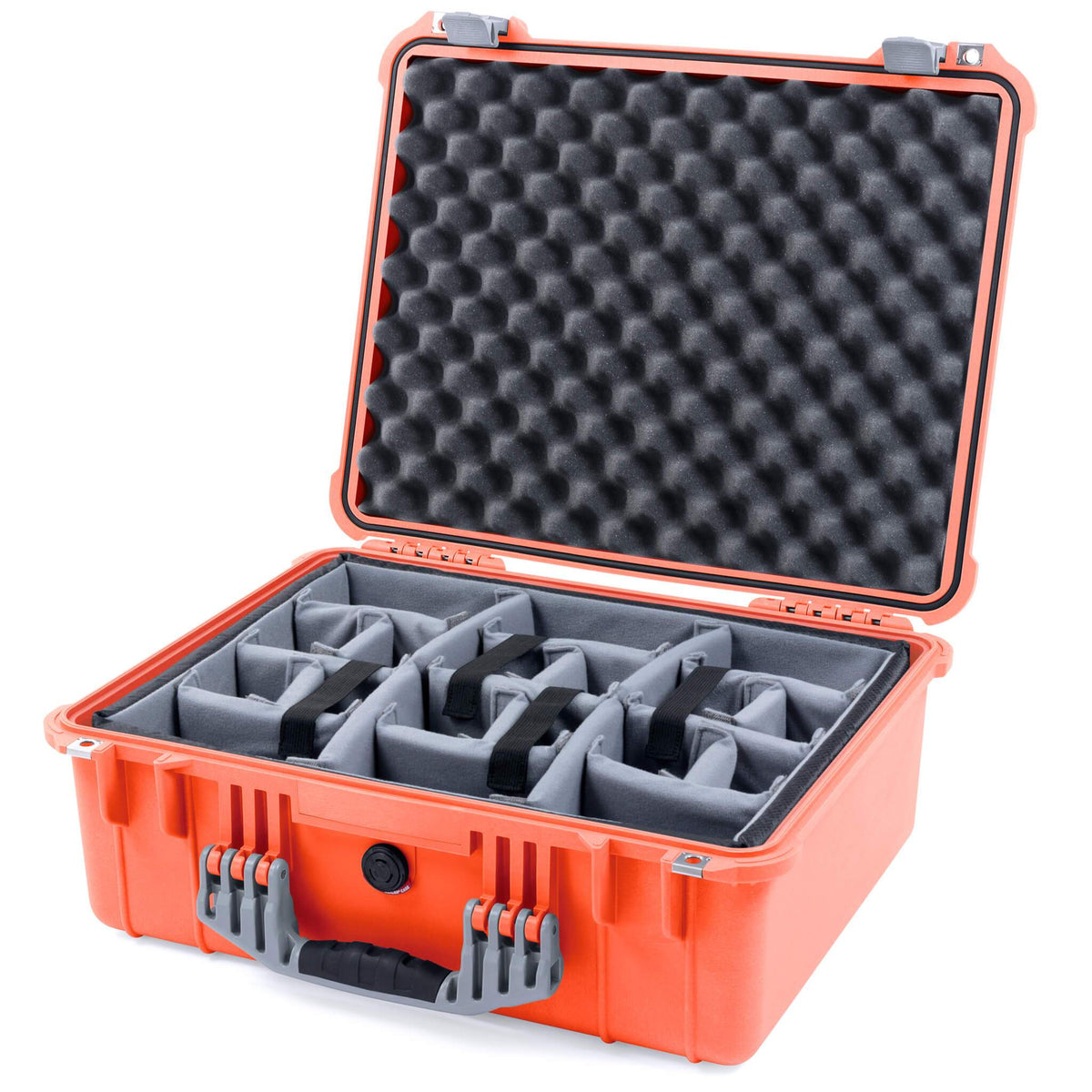 Pelican 1550 Case, Orange with Silver Handle &amp; Latches Gray Padded Microfiber Dividers with Convolute Lid Foam ColorCase 015500-0070-150-180